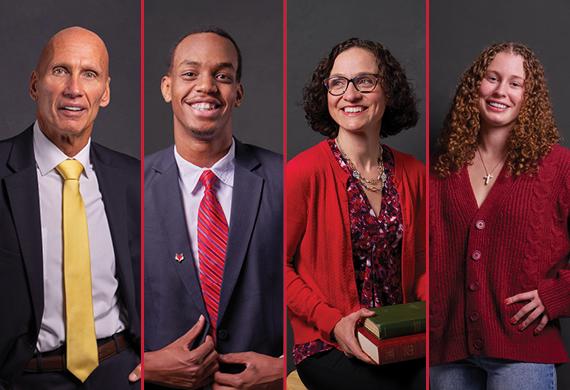 Side-by-side images of Jackie Piddock '26, Dr. Patty Tarantello '04, Loik Makuza '25, and Jack Oehm '80.